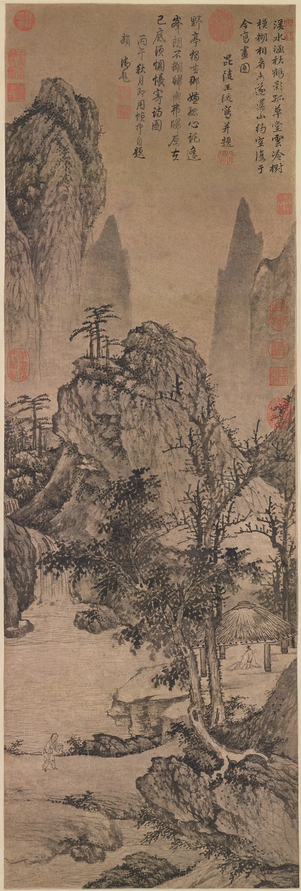 王绂水墨山水画《草堂云树图》