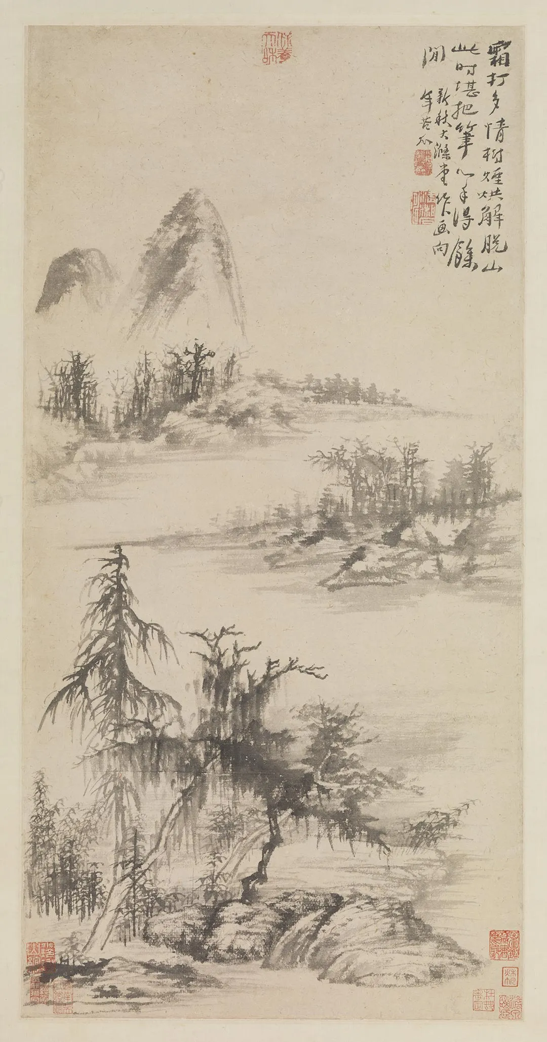 石涛水墨山水《霜山烟树图》