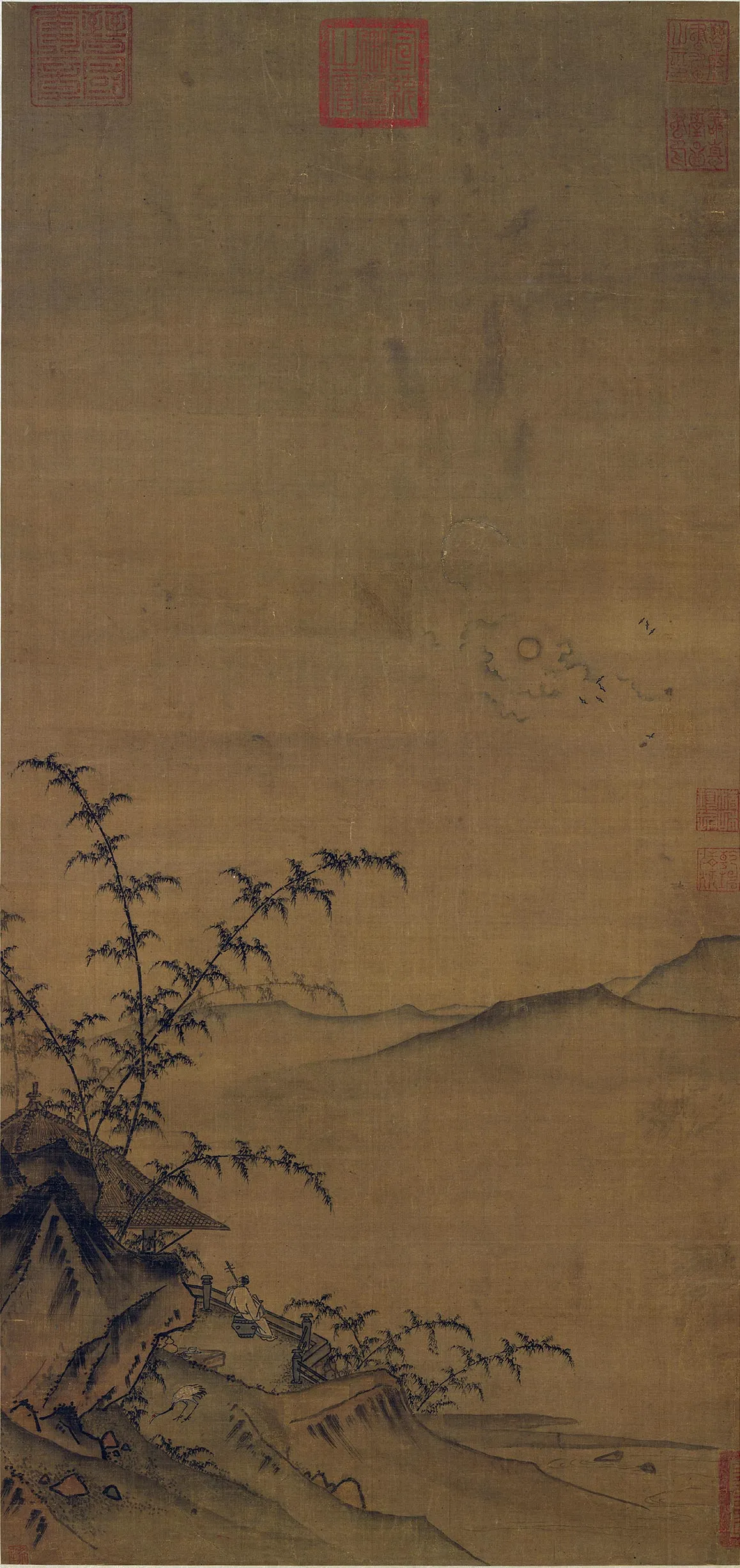 传马远夜景山水《月夜拨阮图》轴