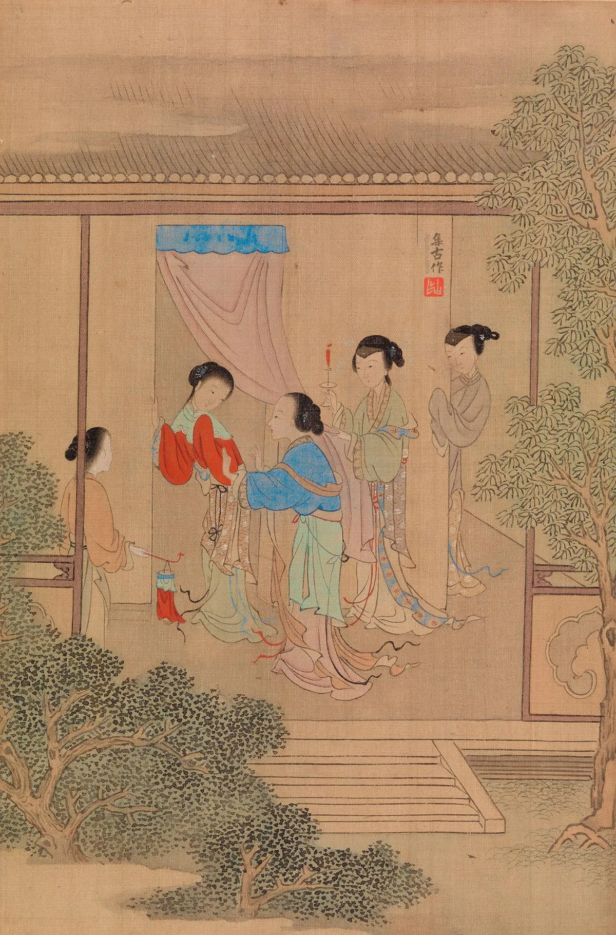 传仇英仕女人物画《深闺晓妆图》页