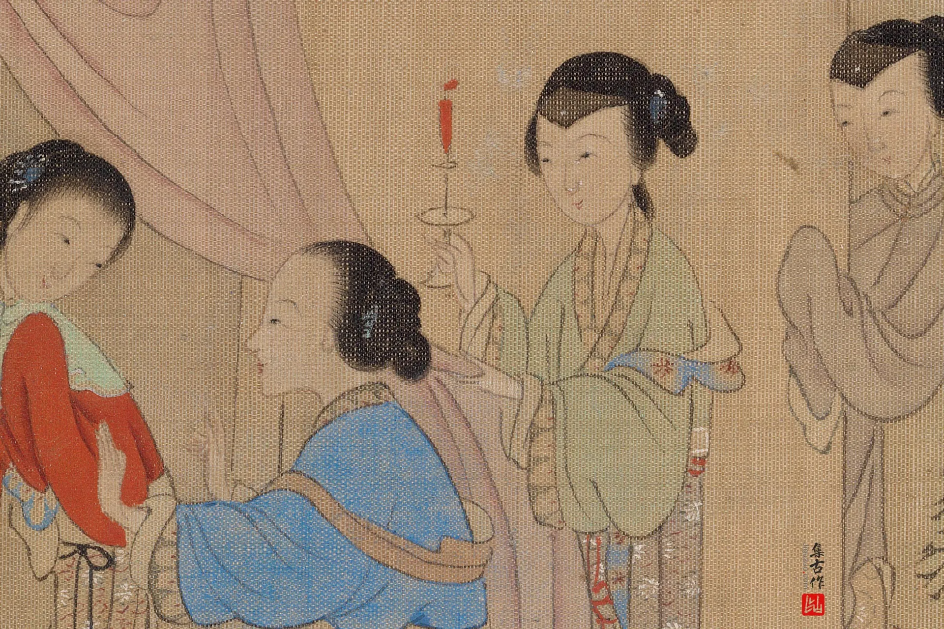 中国古美術 明代 仇英款 仕女人物画 掛軸 絹布 唐物 水彩画 名家書画 肉筆 传仇英仕女人物画《深闺晓妆图》页- 国画作品高清大图下载- 集古作网