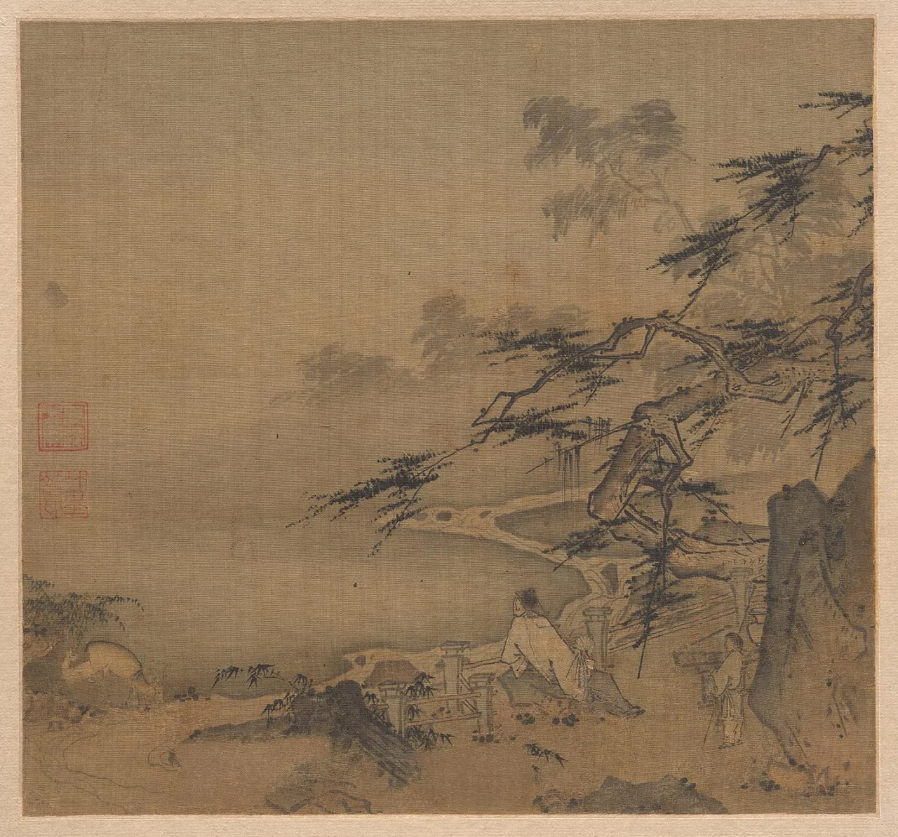 马远山水人物画《松溪观鹿图》高清大图局部 