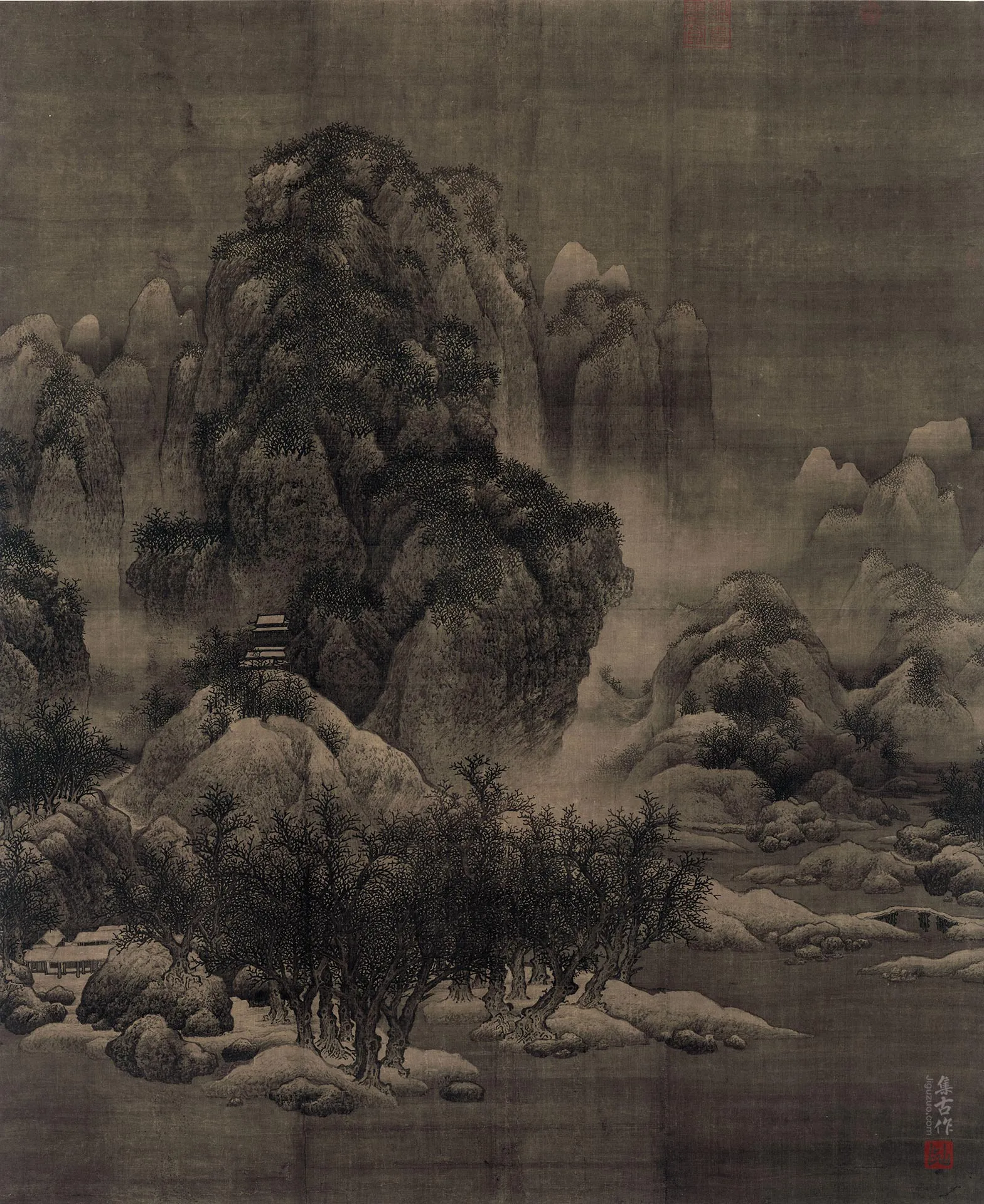 传范宽冬景山水画《雪景寒林图》轴