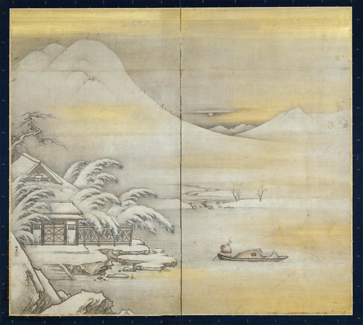狩野山雪山水画《王子猷访戴安道图》双折屏风画