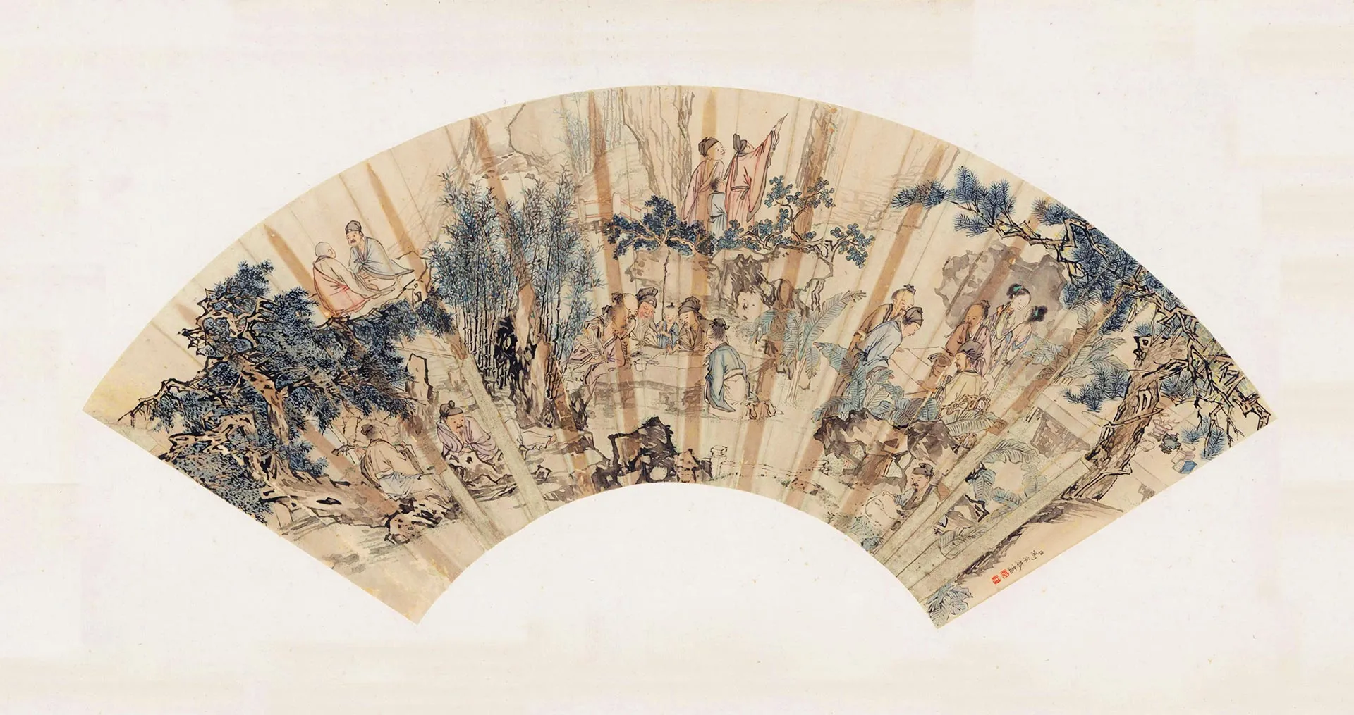 冯宁山水人物画《西园雅集图》扇面页