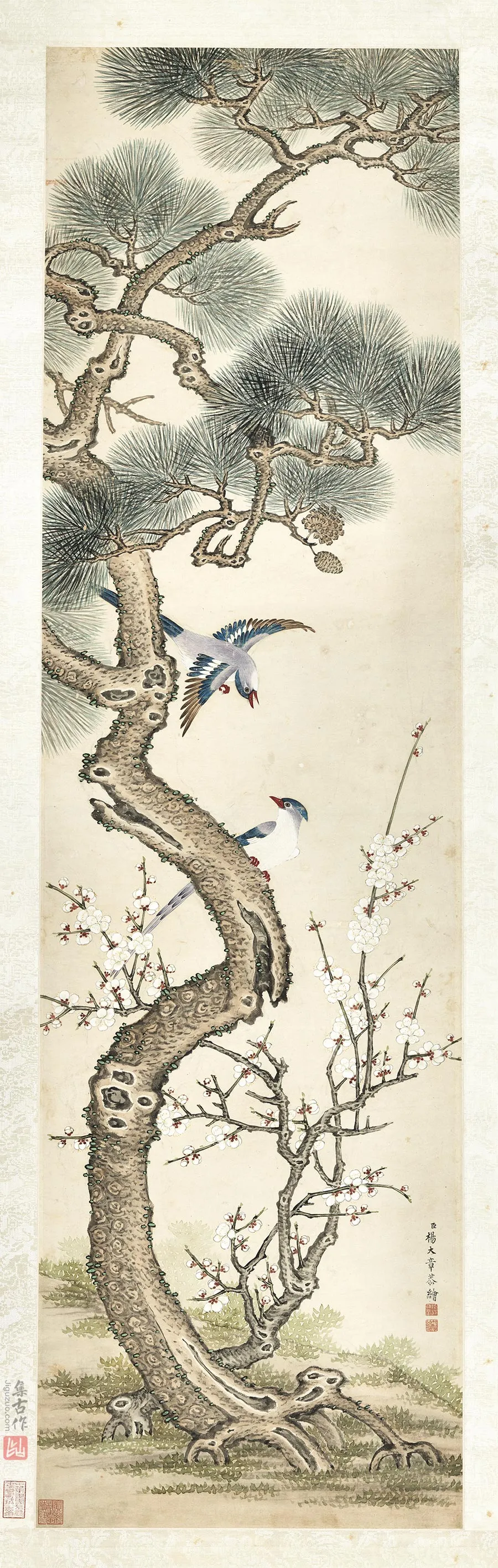 杨大章花鸟画《松梅文禽图》轴