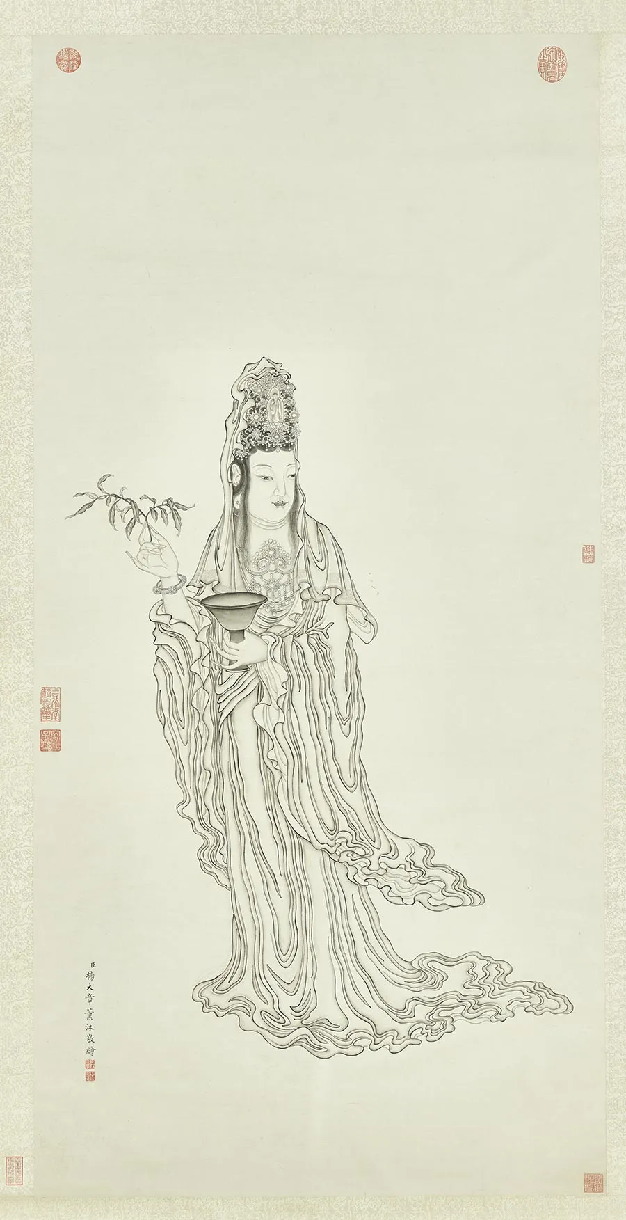 杨大章白描画佛道人物《甘露大士图观音像》轴