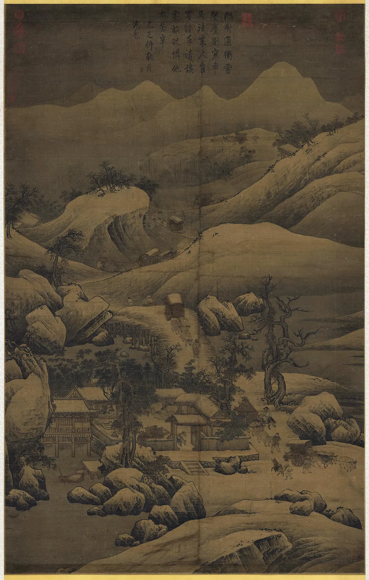 宋人山水画《雪栈牛车图》轴