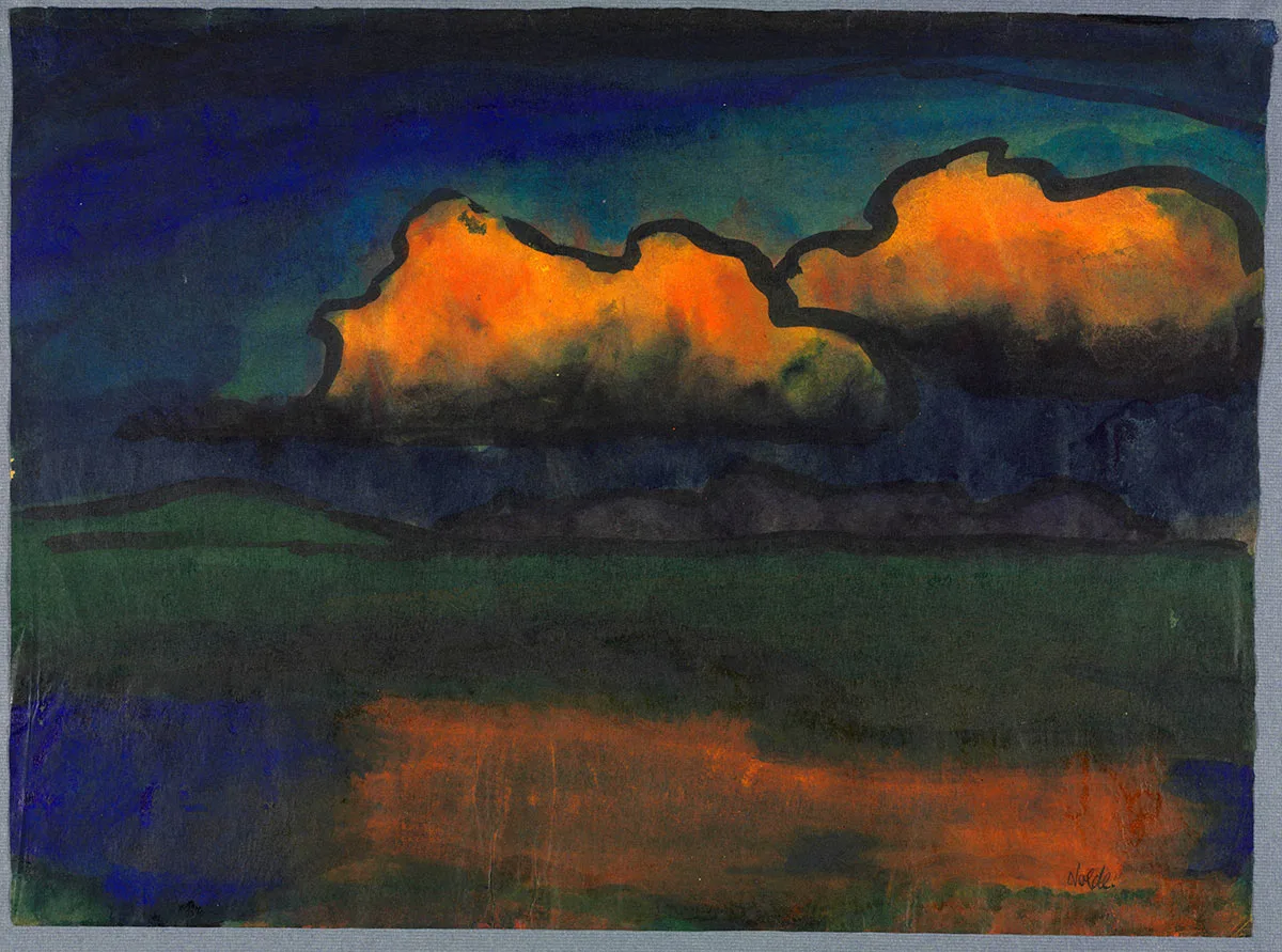 埃米尔·诺尔迪水彩风景《湖面日落》