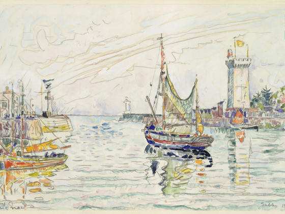 西涅克水彩风景速写《海湾的帆船与灯塔》