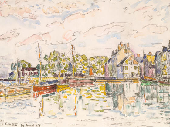 保罗·西涅克水彩速写风景《房屋与帆船》