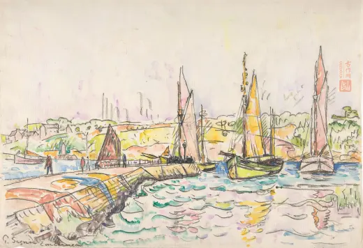 西涅克水彩画风景速写《孔卡尔诺港口停泊的帆船》 - 水彩画高清图片