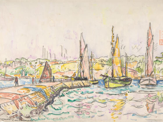 西涅克水彩画风景速写《孔卡尔诺港口停泊的帆船》