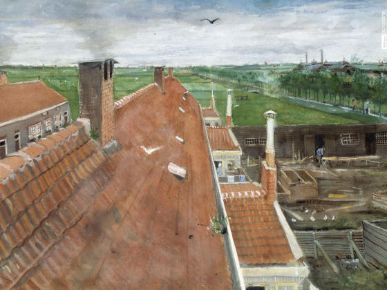 梵高水彩画风景作品《窗外的风景》