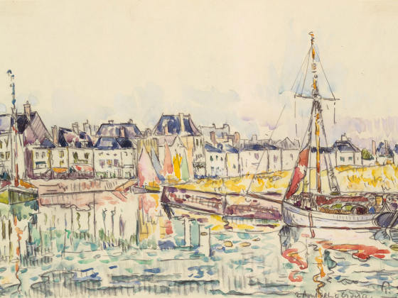 保罗·西涅克水彩画风景《港口的帆船与房屋建筑群》