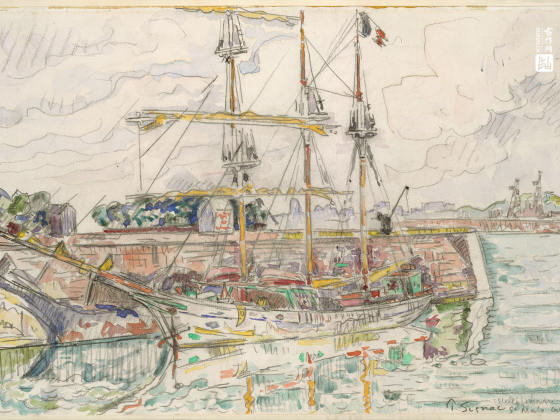 西涅克水彩画《圣马洛码头的帆船》