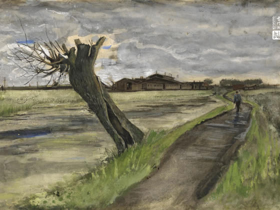 梵高水彩画《乡村的道路与柳树桩》