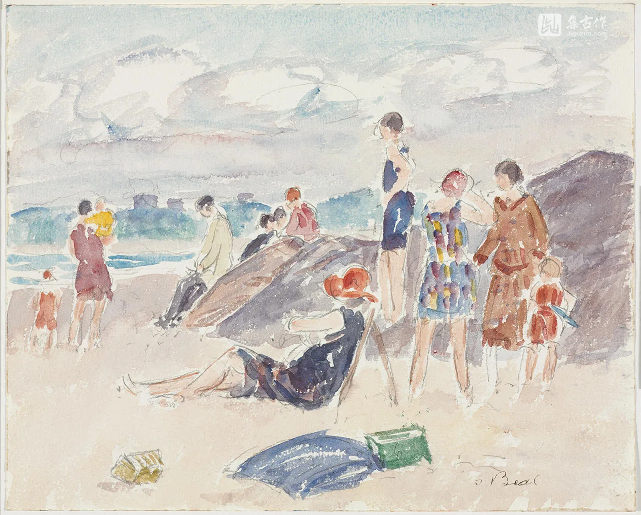 吉福德·比尔水彩风景《海滩浴场》