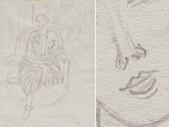 马蒂斯素描《穿条纹裤的坐姿宫女》