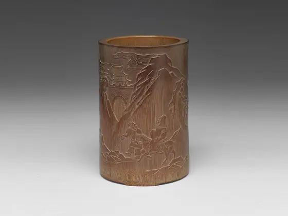 清代“黄杨木雕山水笔筒”雕刻- 艺术品- 集古作网