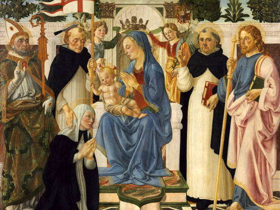 韦罗基奥蛋彩画《圣母子与五圣徒二天使》