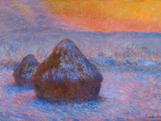 莫奈油画《落日雪霁时的干草堆》