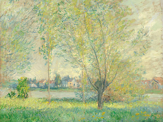 印象派莫奈油画风景《河畔青柳》