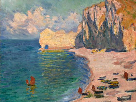 印象派莫奈油画海景《埃特勒塔：海滩与阿蒙悬崖》