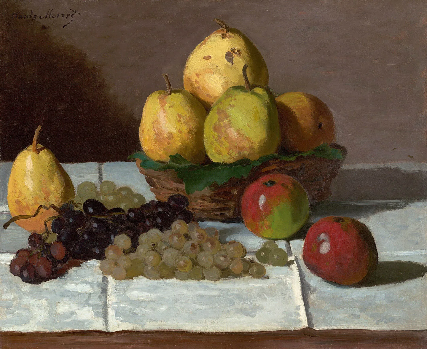 莫奈油画静物《有梨和葡萄集苹果的静物》