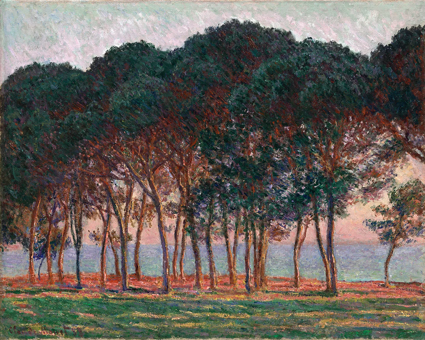 克劳德·莫奈油画风景《松林下，暮色》