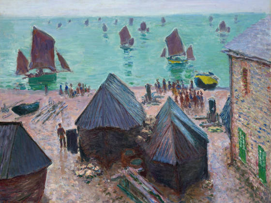 印象派莫奈油画《渔船离港，埃特勒塔》