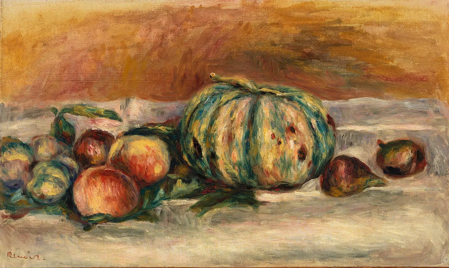 雷诺阿油画静物《静物与甜瓜》