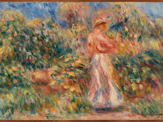 雷诺阿油画《有穿着白色和粉红服饰的女人风景》