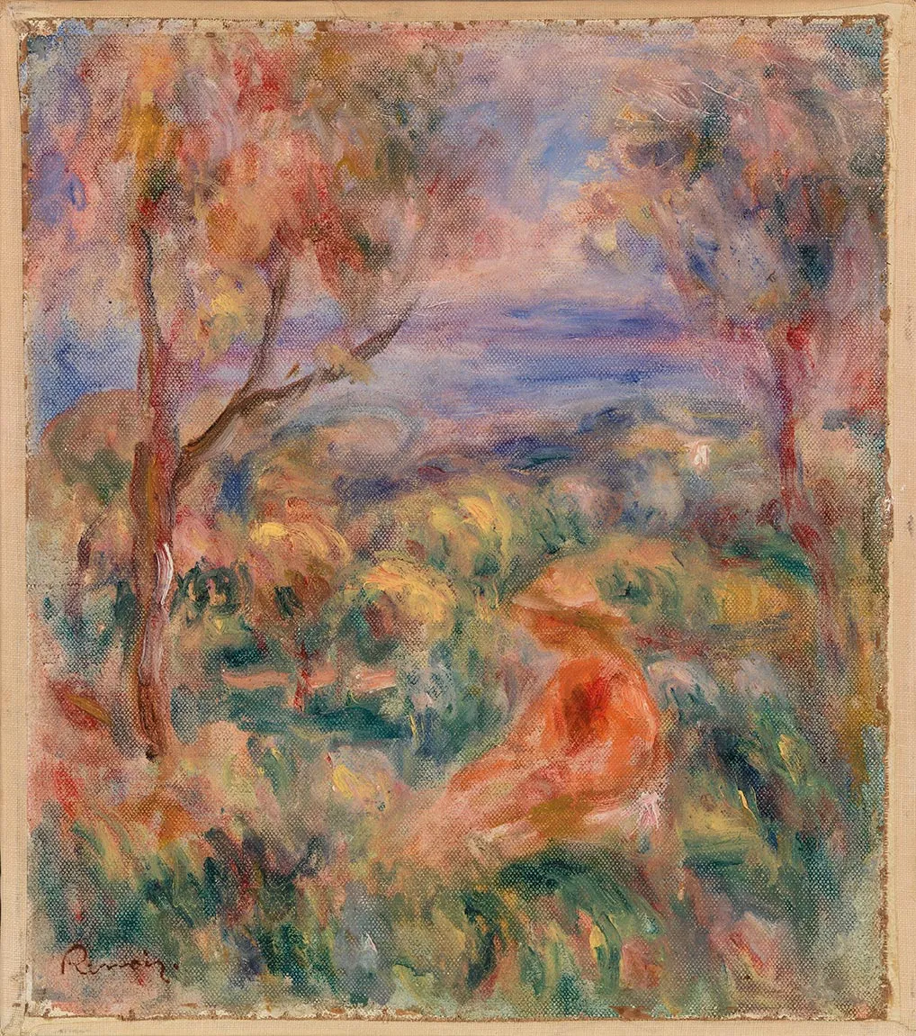 印象派雷诺阿油画《坐着的女人与远处的大海》