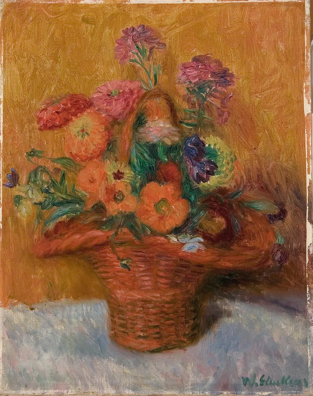 威廉·格拉肯斯油画花卉《红色篮子里的百日菊》