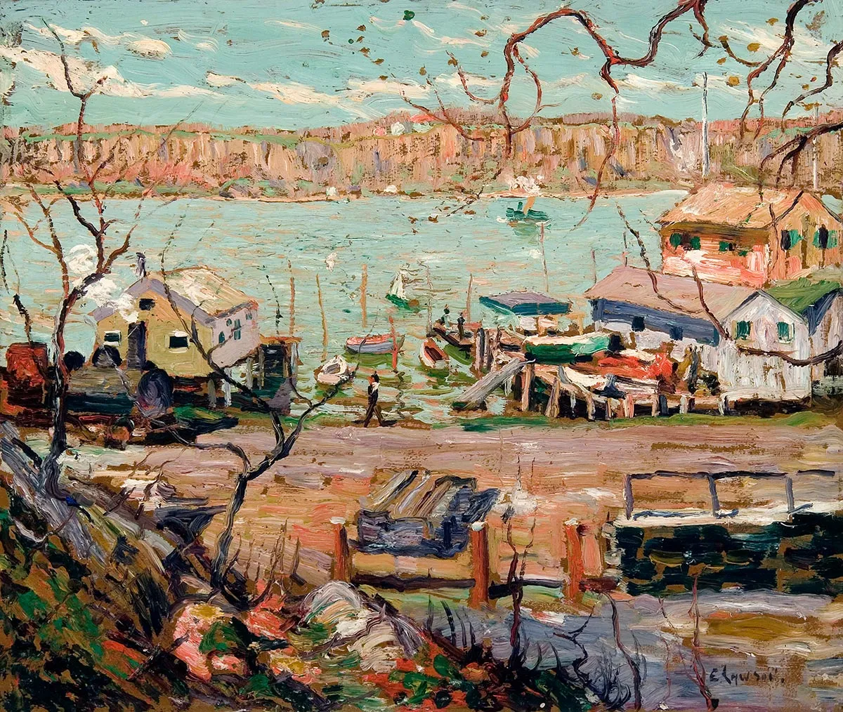 欧内斯特·劳森风景油画《河景——船只与房屋》作品