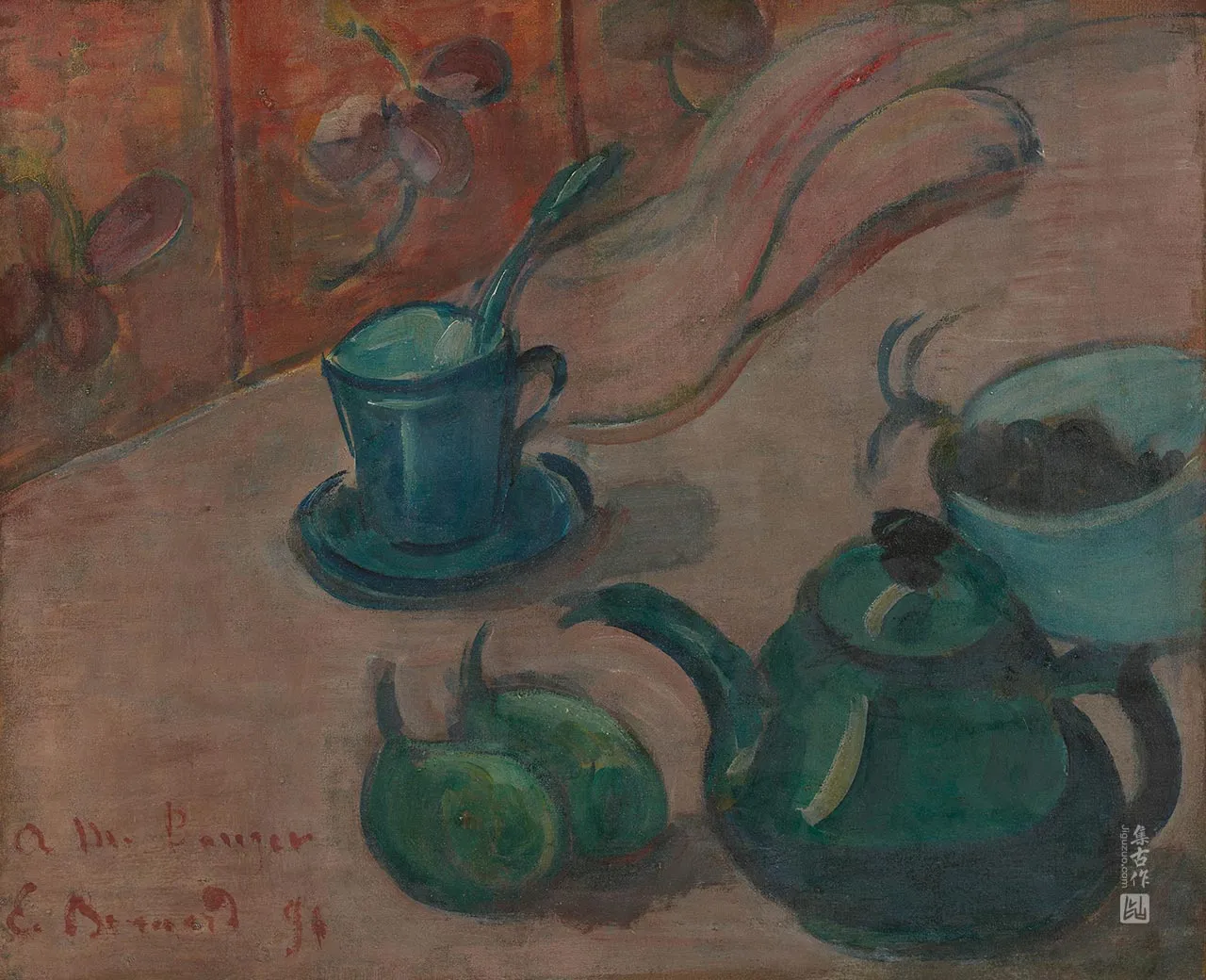 埃米尔·伯纳德油画作品《有茶壶、杯子和水果的坚强生活》