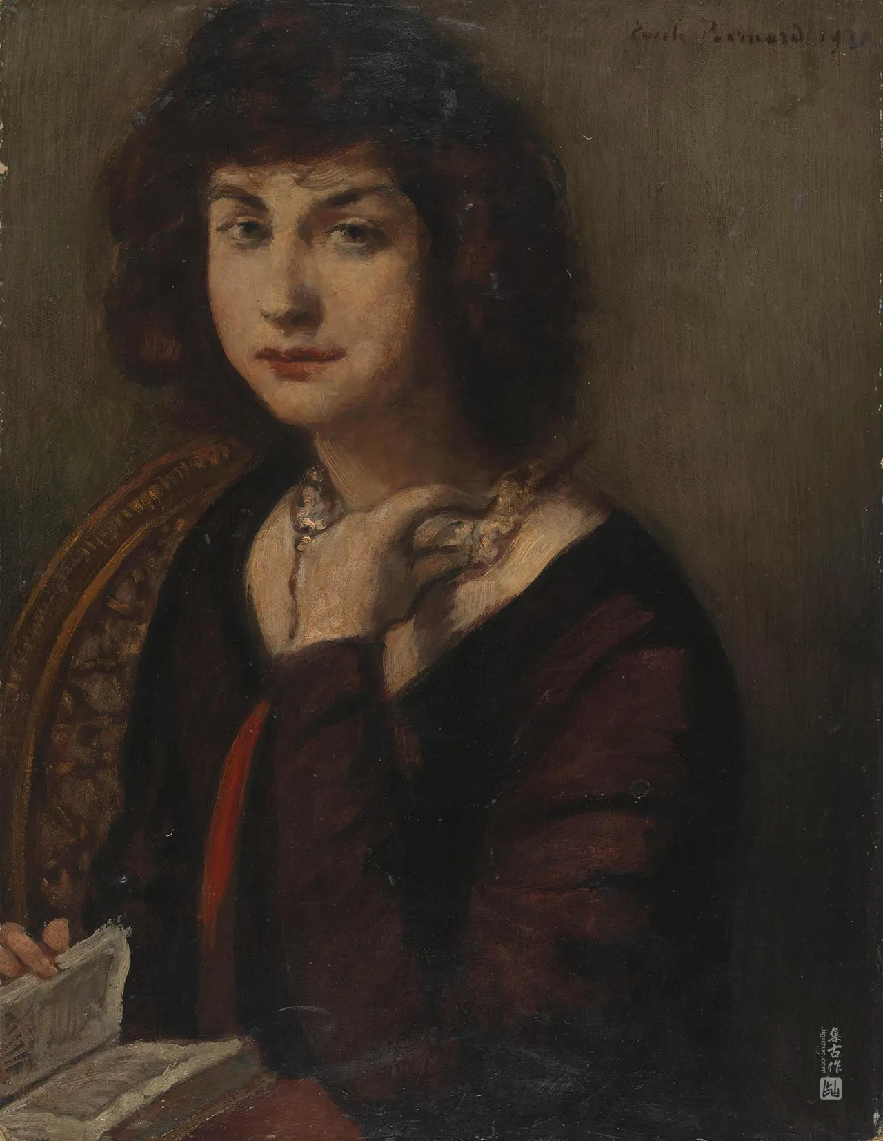 埃米尔·伯纳德油画作品《拿书的女人肖像》