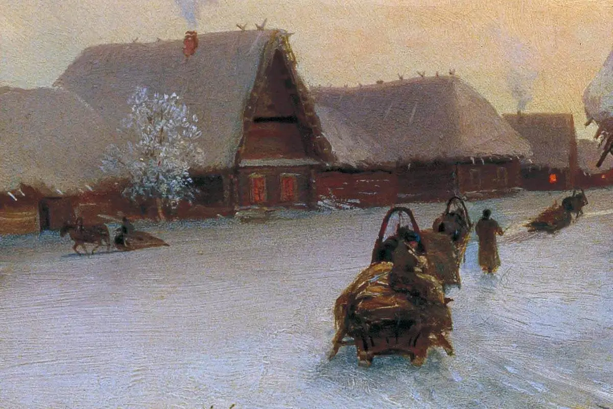 希施金作品油画冬天的村庄、房屋、大树与雪地、雪橇风景- 油画高清图片