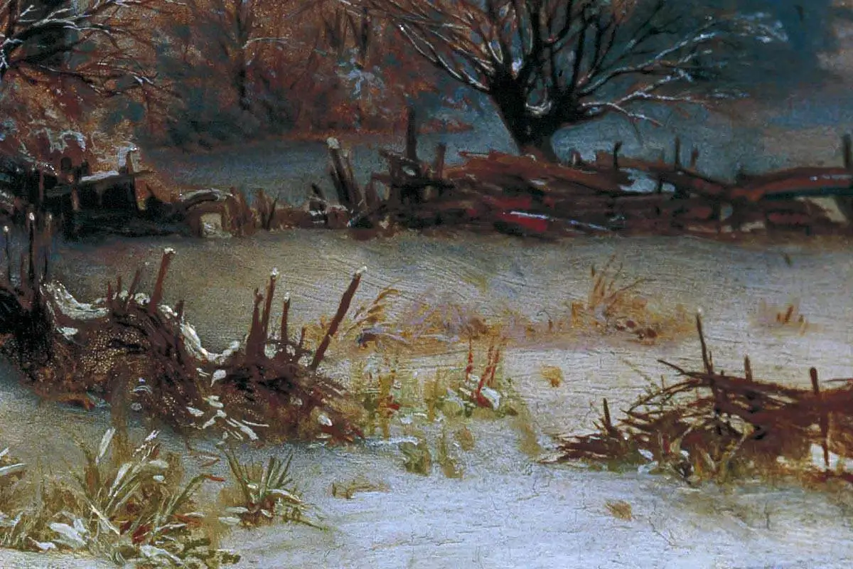 希施金作品油画冬天的村庄、房屋、大树与雪地、雪橇风景- 油画高清图片