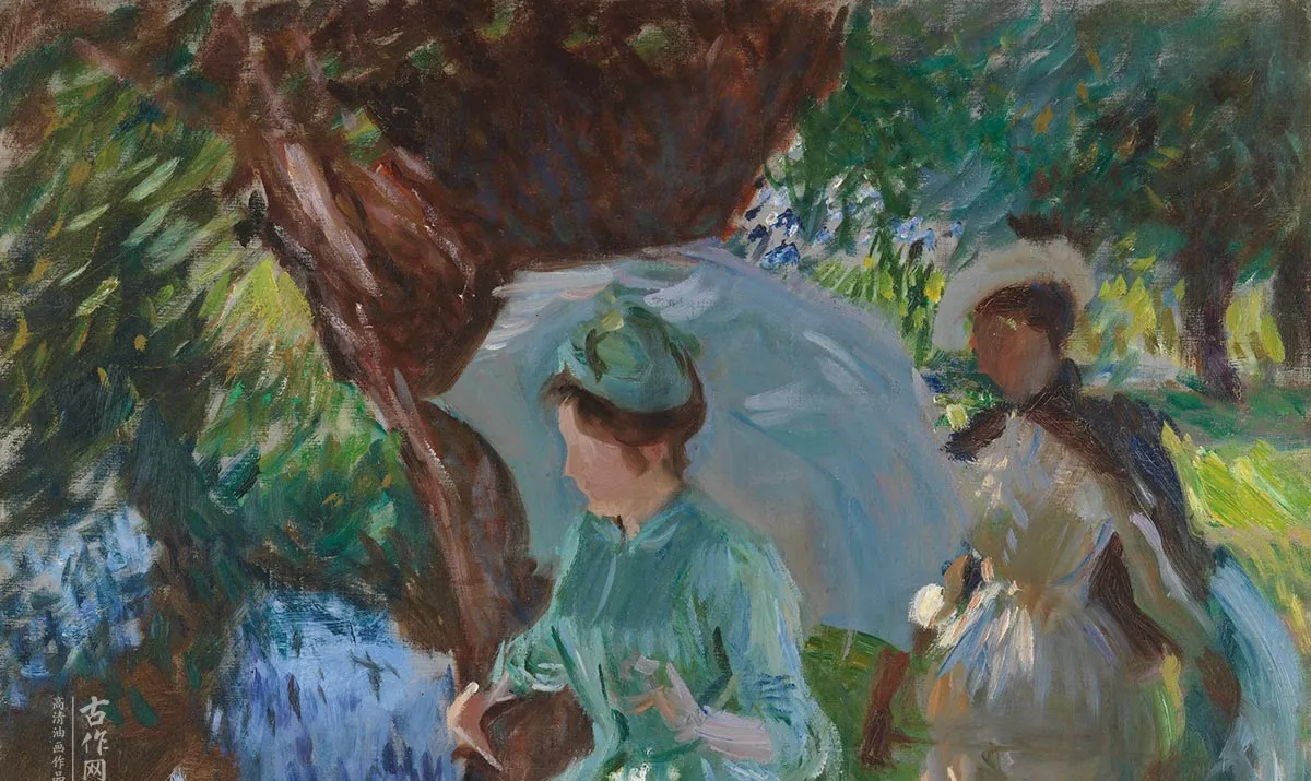 萨金特印象派风格油画作品《两个打阳伞的女孩》 (1)
