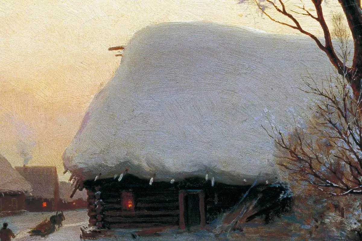 希施金作品油画冬天的村庄、房屋、大树与雪地、雪橇风景- 油画高清图片