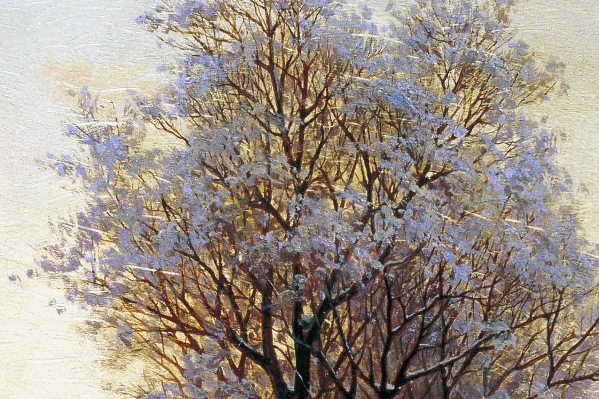 希施金作品油画冬天的村庄、房屋、大树与雪地、雪橇风景- 油画高清图片